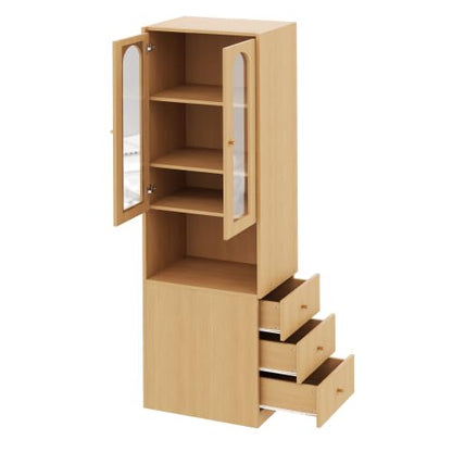 **gonew21 Hochschrank mit Vitrine & LED 60×40×200 cm | Bücherregal, Glastür, Schubladen, Holzoptik, Kippschutz**