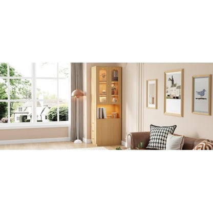 **gonew21 Hochschrank mit Vitrine & LED 60×40×200 cm | Bücherregal, Glastür, Schubladen, Holzoptik, Kippschutz**