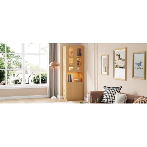 **gonew21 Hochschrank mit Vitrine & LED 60×40×200 cm | Bücherregal, Glastür, Schubladen, Holzoptik, Kippschutz**