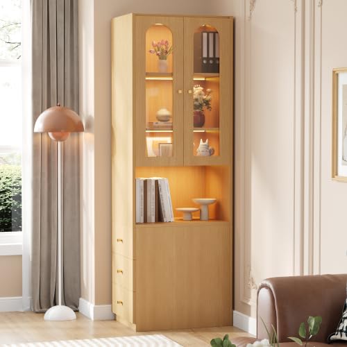 **gonew21 Hochschrank mit Vitrine & LED 60×40×200 cm | Bücherregal, Glastür, Schubladen, Holzoptik, Kippschutz**