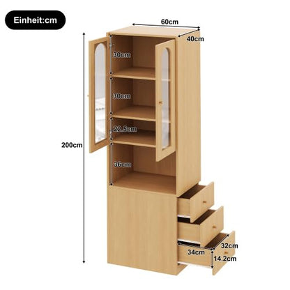 **gonew21 Hochschrank mit Vitrine & LED 60×40×200 cm | Bücherregal, Glastür, Schubladen, Holzoptik, Kippschutz**