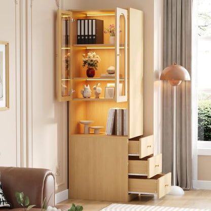 **gonew21 Hochschrank mit Vitrine & LED 60×40×200 cm | Bücherregal, Glastür, Schubladen, Holzoptik, Kippschutz**
