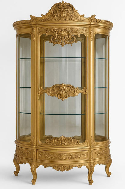 **PALAZZO INT Luxus Vitrine Marie Antoinette | Barock Vitrinenschrank, vergoldet, Glasfront, 4 Böden & Schublade, 200×120×45 cm**