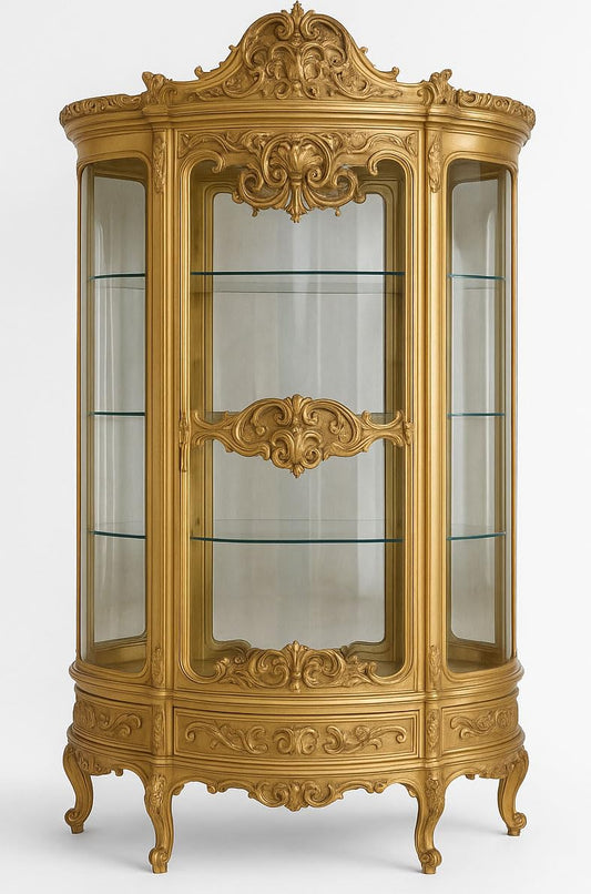 **PALAZZO INT Luxus Vitrine Marie Antoinette | Barock Vitrinenschrank, vergoldet, Glasfront, 4 Böden & Schublade, 200×120×45 cm**