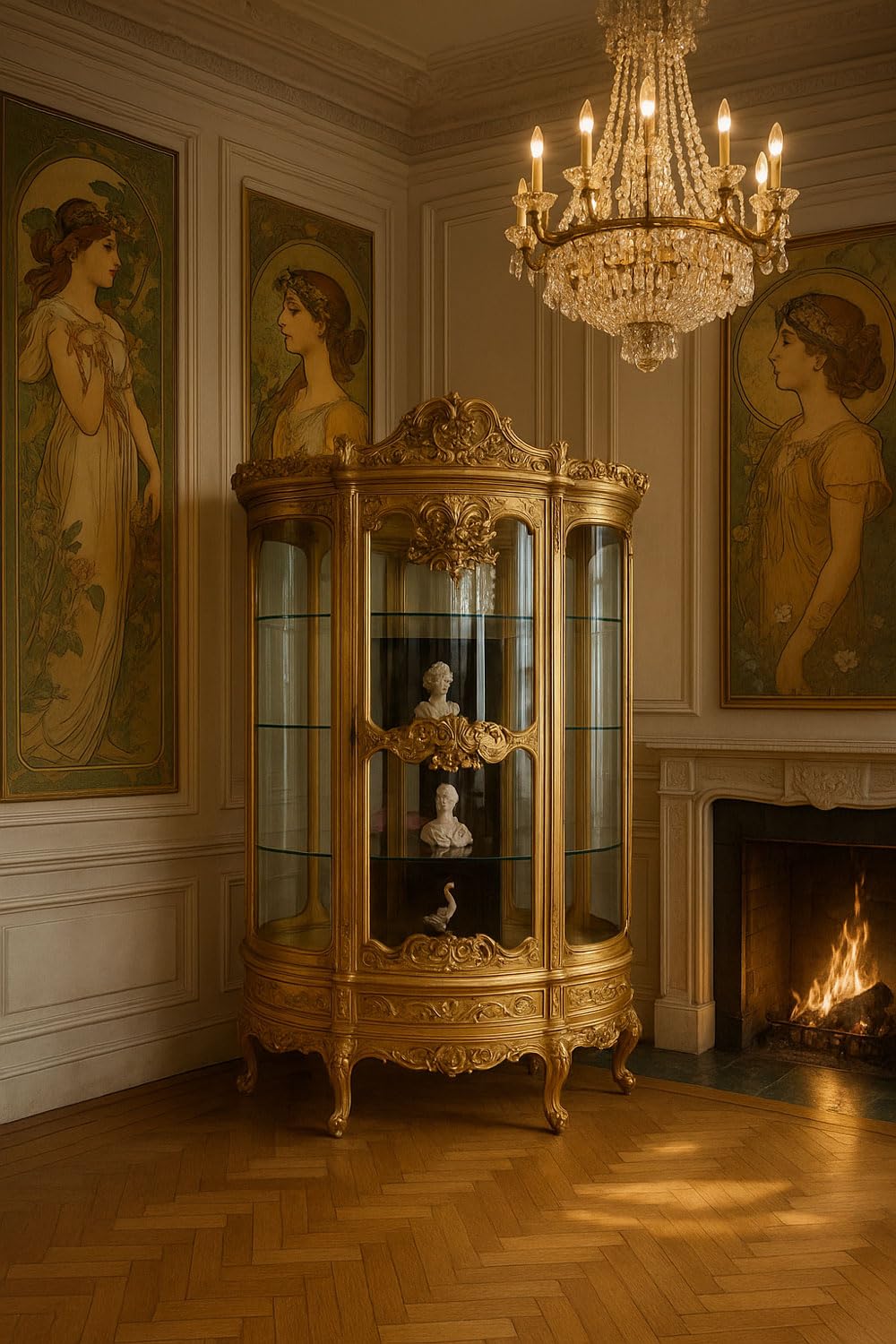 **PALAZZO INT Luxus Vitrine Marie Antoinette | Barock Vitrinenschrank, vergoldet, Glasfront, 4 Böden & Schublade, 200×120×45 cm**