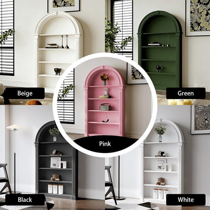 **Moderne gewölbte Vitrine 5 Etagen | Hohes Bücherregal mit Stauraum, freistehend, elegant, Weiß**