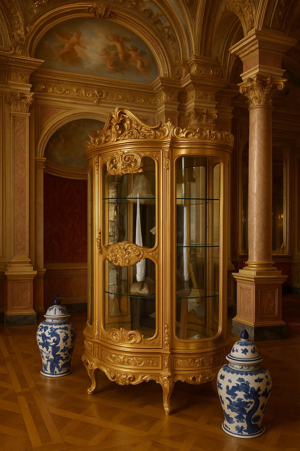 **PALAZZO INT Luxus Vitrine Marie Antoinette | Barock Vitrinenschrank, vergoldet, Glasfront, 4 Böden & Schublade, 200×120×45 cm**