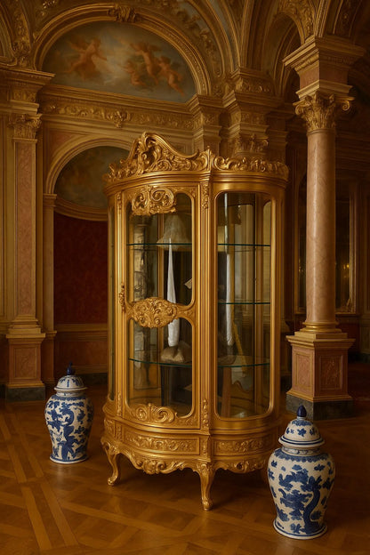 **PALAZZO INT Luxus Vitrine Marie Antoinette | Barock Vitrinenschrank, vergoldet, Glasfront, 4 Böden & Schublade, 200×120×45 cm**