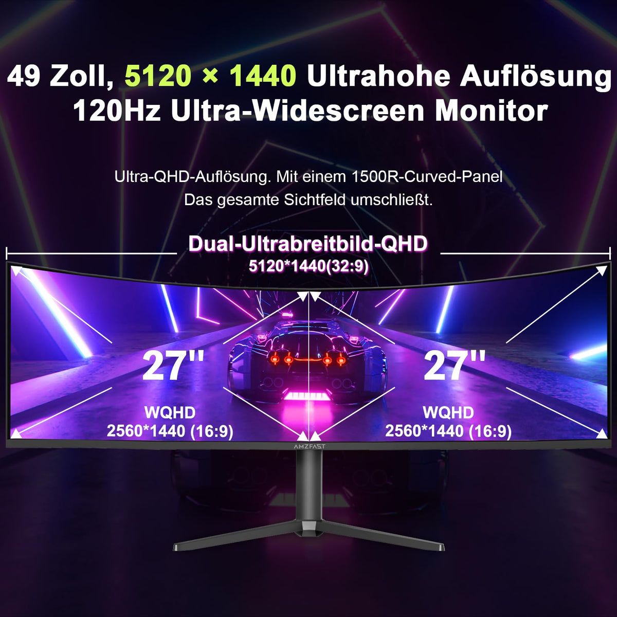 Amzfast 49 Zoll Curved Monitor 120Hz DQHD 5120x1440 32:9 Ultrawide PC Bildschirm 1MS MPRT 1500R