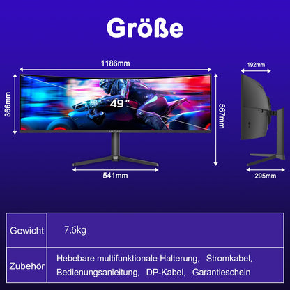 Amzfast 49 Zoll Curved Monitor 120Hz DQHD 5120x1440 32:9 Ultrawide PC Bildschirm 1MS MPRT 1500R