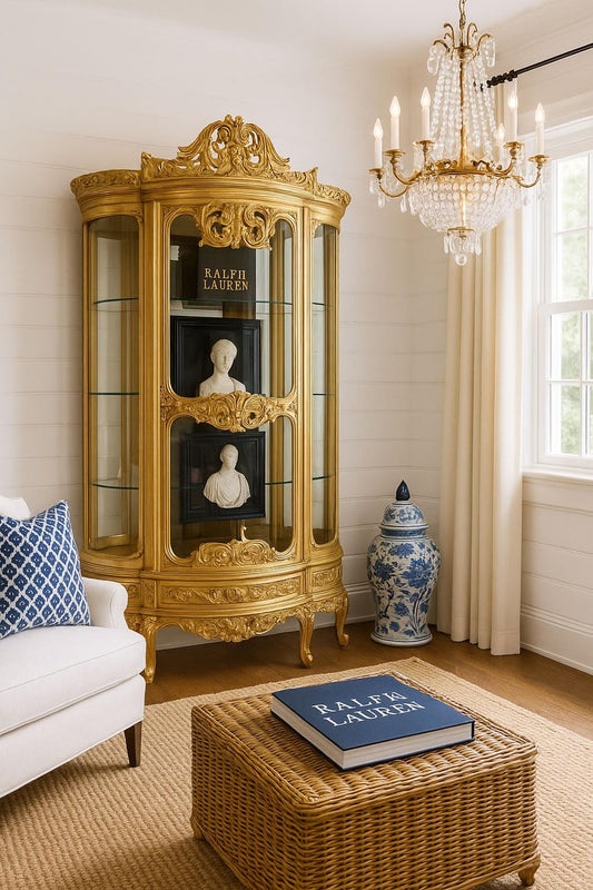 **PALAZZO INT Luxus Vitrine Marie Antoinette | Barock Vitrinenschrank, vergoldet, Glasfront, 4 Böden & Schublade, 200×120×45 cm**