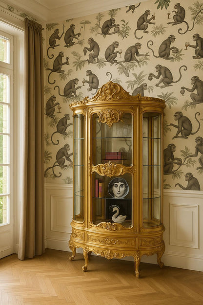 **PALAZZO INT Luxus Vitrine Marie Antoinette | Barock Vitrinenschrank, vergoldet, Glasfront, 4 Böden & Schublade, 200×120×45 cm**