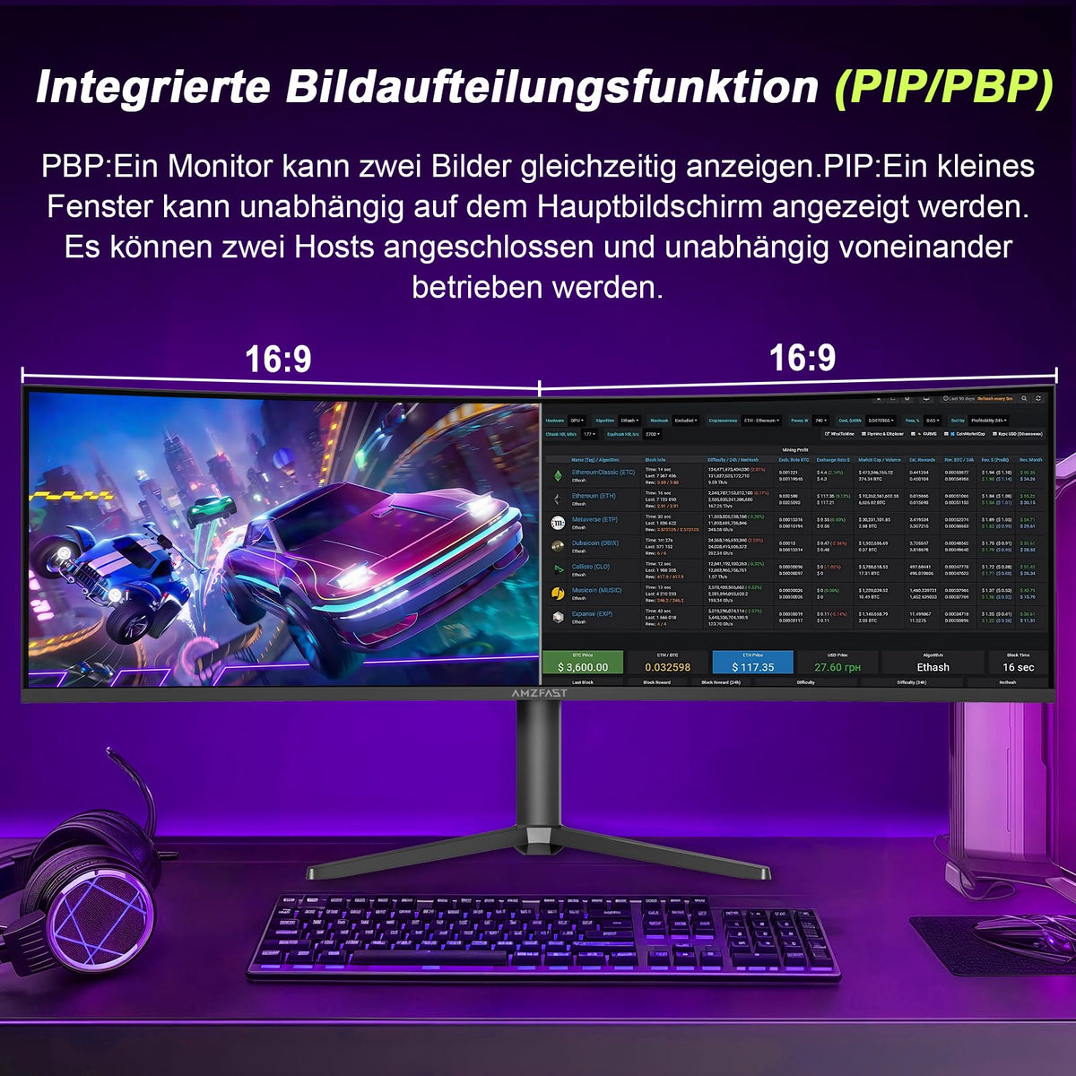 Amzfast 49 Zoll Curved Monitor 120Hz DQHD 5120x1440 32:9 Ultrawide PC Bildschirm 1MS MPRT 1500R