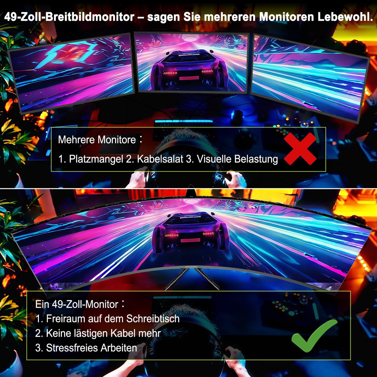 Amzfast 49 Zoll Curved Monitor 120Hz DQHD 5120x1440 32:9 Ultrawide PC Bildschirm 1MS MPRT 1500R